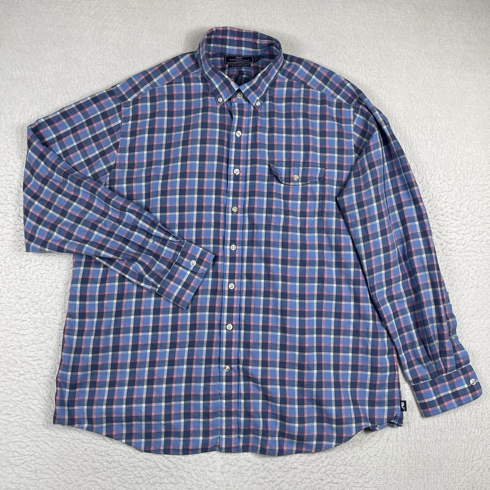 Vineyards Vines Shirt Mens XXL Blue Pink Plaid Slim Fit Crosby‎ Preppy Workwear